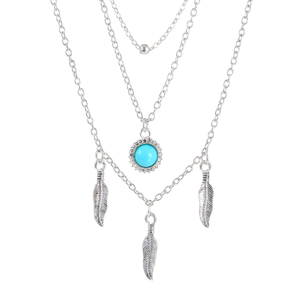 Ethnic Bohemian Style Multi Layer Turquoise Retro Three Layer Necklace With Sunflower Leaf Pendant For Women Made Of Alloy Featuring Electroplating Treatment And Cross Chain Style