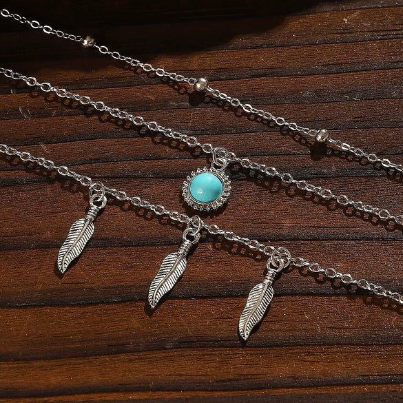 Ethnic Bohemian Style Multi Layer Turquoise Retro Three Layer Necklace With Sunflower Leaf Pendant For Women Made Of Alloy Featuring Electroplating Treatment And Cross Chain Style