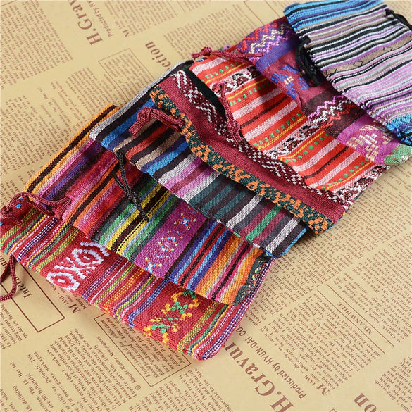 Ethnic style Striped Cotton Cloth Bucket Pocket Drawstring Beads Bracelet Play Packaging Bag Sachet Bag