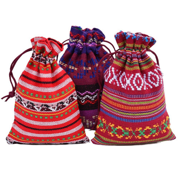 Ethnic style Striped Cotton Cloth Bucket Pocket Drawstring Beads Bracelet Play Packaging Bag Sachet Bag