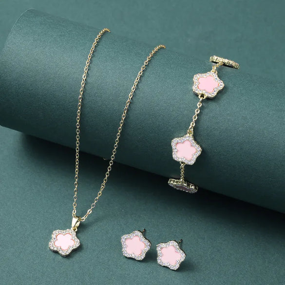 Copper Elegant Simple Style Plating Flower Diamond Jewelry Set