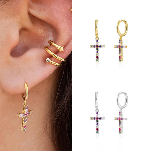 Europe And America Cross Border Sterling Silver Needle Trendy Cross Inlaid Zircon Colorful Crystals Female Earrings Fashionable Personalized Earrings Earrings