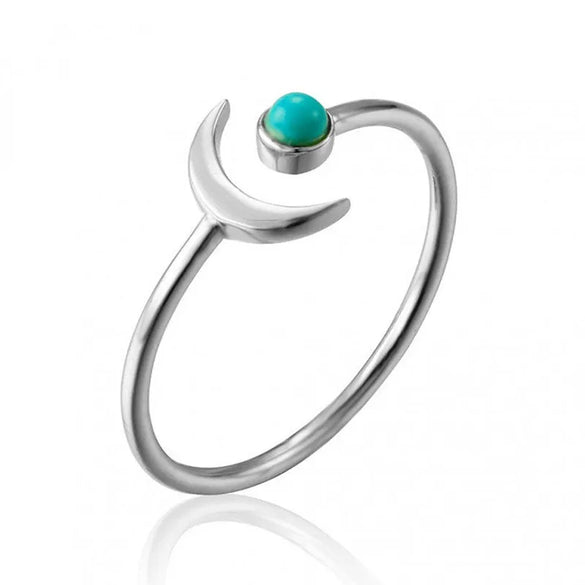 European And American Simple Cold Wind 18k Gold Copper Ring Turquoise Ball Moon Creative Open Ring