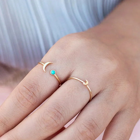 European And American Simple Cold Wind 18k Gold Copper Ring Turquoise Ball Moon Creative Open Ring