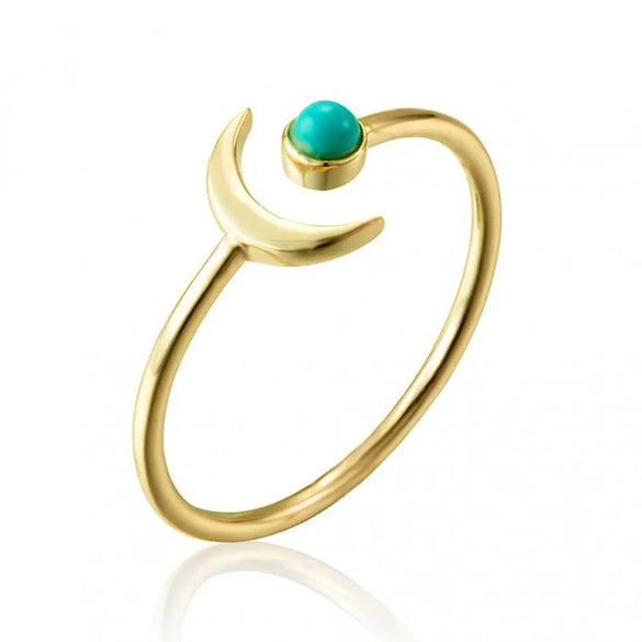 European And American Simple Cold Wind 18k Gold Copper Ring Turquoise Ball Moon Creative Open Ring