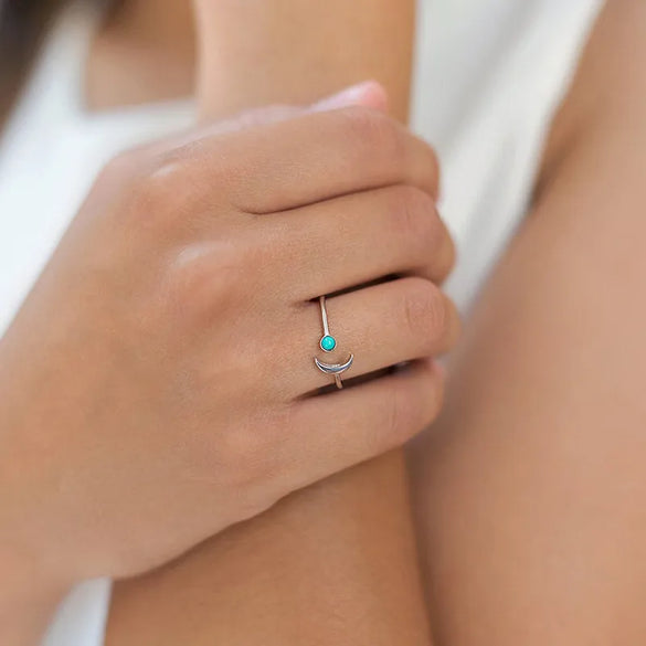 European And American Simple Cold Wind 18k Gold Copper Ring Turquoise Ball Moon Creative Open Ring