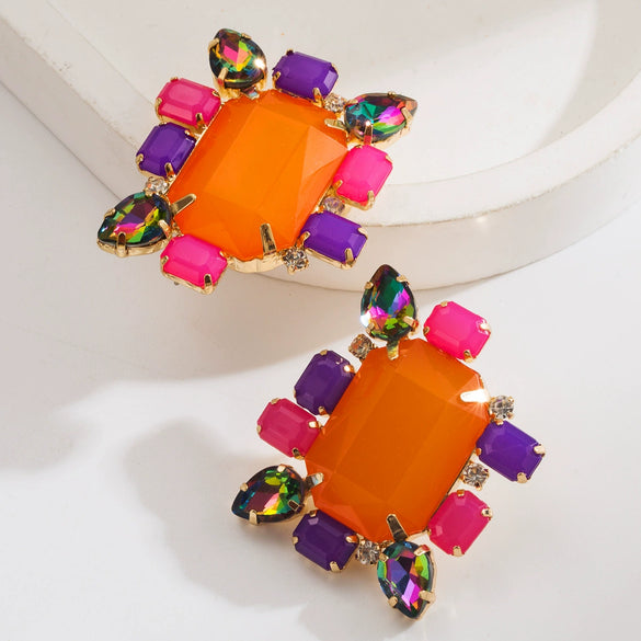Exaggerated Alloy Earrings Inlaid With Colored Diamonds