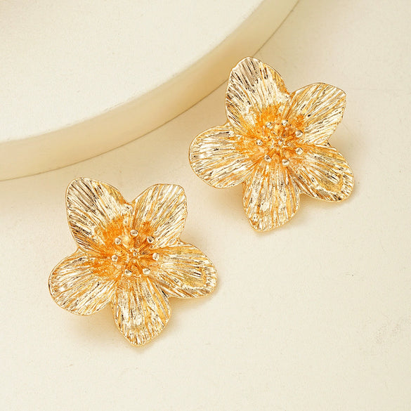 Exaggerated Alloy Fivepetal Flower Earrings For Women Electroplated