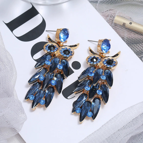 Exaggerated Alloy Glass Drill Rhinestone Owl Long Earrings With Diamond Treatment Animal Pattern