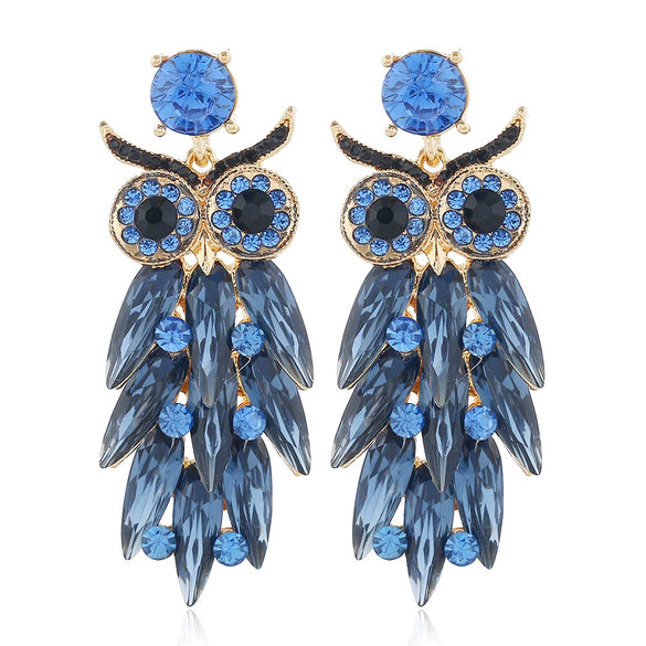 Exaggerated Alloy Glass Drill Rhinestone Owl Long Earrings With Diamond Treatment Animal Pattern