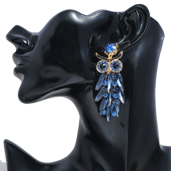 Exaggerated Alloy Glass Drill Rhinestone Owl Long Earrings With Diamond Treatment Animal Pattern