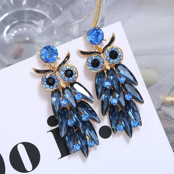 Exaggerated Alloy Glass Drill Rhinestone Owl Long Earrings With Diamond Treatment Animal Pattern