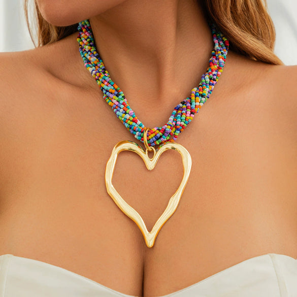 Exaggerated Alloy Love Heart Geometric Pattern Pendant Necklace Jewelry With Ball Chain And Electroplating