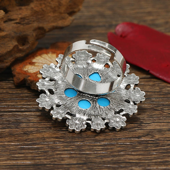 Exaggerated Bohemian Style Geometric Flower Ring In Electroplated Alloy Retro Carved Adjustable Unisex Statement Ring