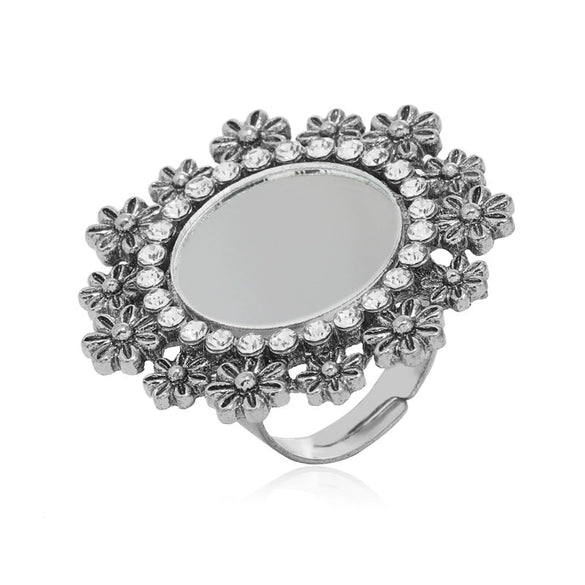Exaggerated Bohemian Style Geometric Flower Ring In Electroplated Alloy Retro Carved Adjustable Unisex Statement Ring