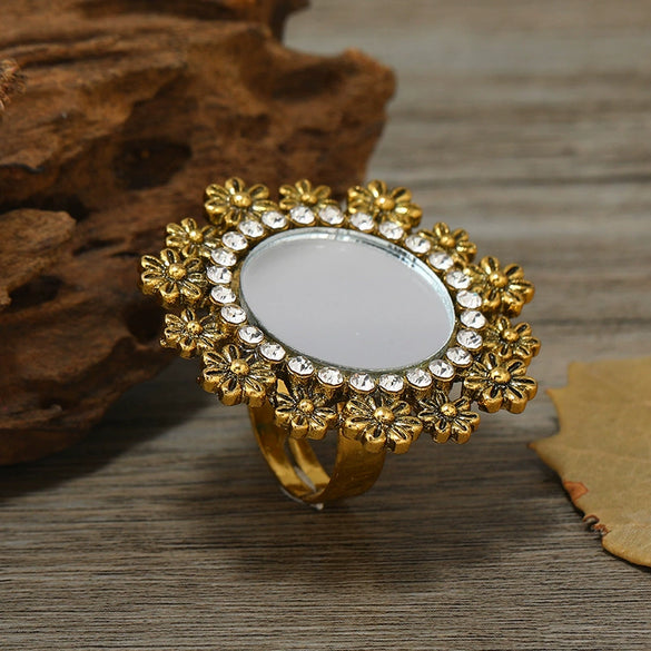 Exaggerated Bohemian Style Geometric Flower Ring In Electroplated Alloy Retro Carved Adjustable Unisex Statement Ring