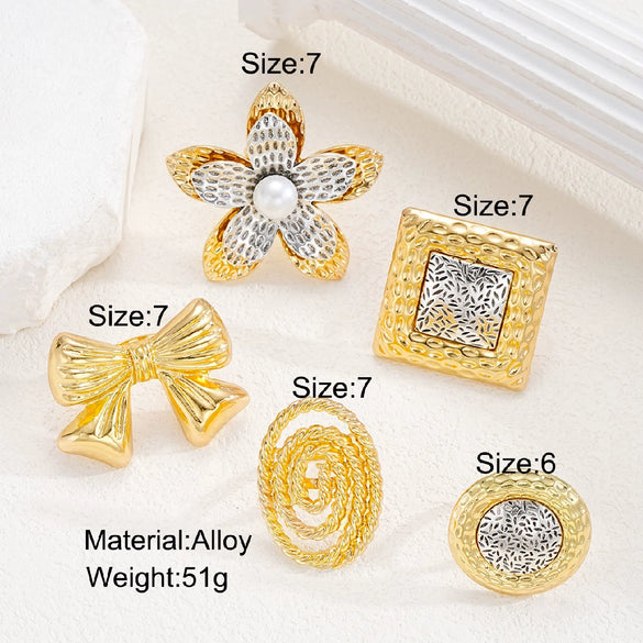 Exaggerated Bow Flower Ring Set Alloy Electroplating Inlaid Pearl Women's Hand Jewelry