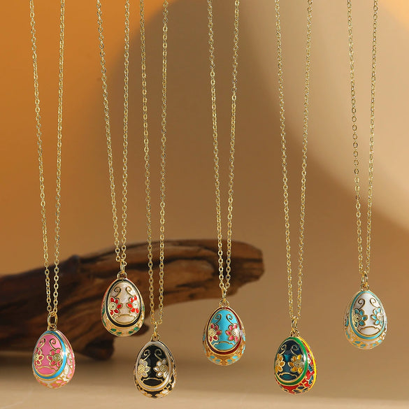 Exaggerated Carved Vintage Egg Pendant Geometric Style Mixed Gemstone Inlay Copper Jewelry With O Chain And Electroplating