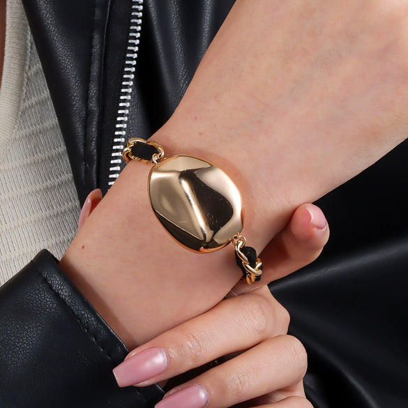 Exaggerated Elastic Gold Bracelet Handmade With Pearls And Geometric Pattern For Women