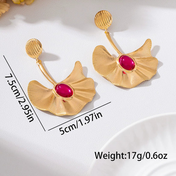 Exaggerated Electroplated Ginkgo Leaf Earrings For Women Oval Floral Statement Jewelry In Iron Alloy With Stainless Steel Posts
