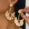 Exaggerated Electroplated Ginkgo Leaf Earrings For Women Oval Floral Statement Jewelry In Iron Alloy With Stainless Steel Posts