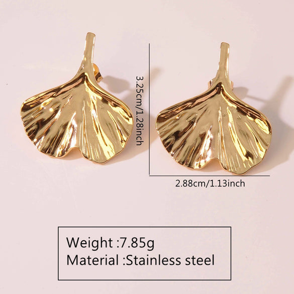 Exaggerated Fishtail Rhombus Pleated Ginkgo Brushed Stainless Steel Earrings Plated With Real Gold
