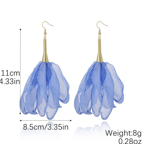 Exaggerated Flower Tassel Fabric Handmade Earrings Sweet Style