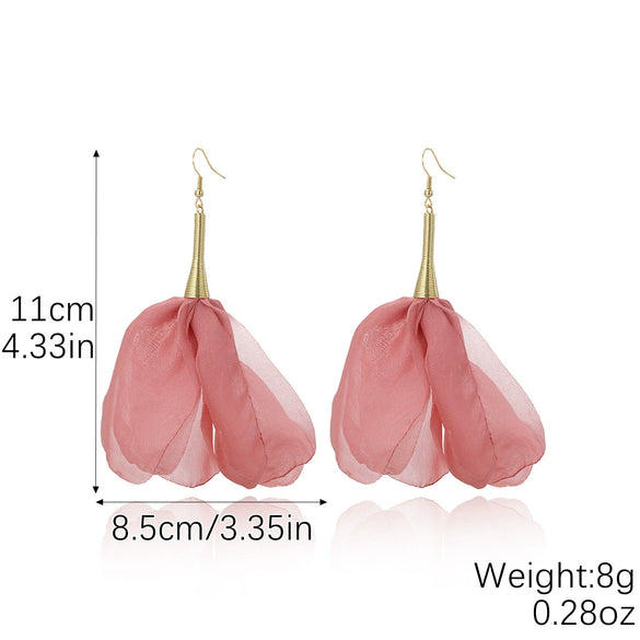 Exaggerated Flower Tassel Fabric Handmade Earrings Sweet Style