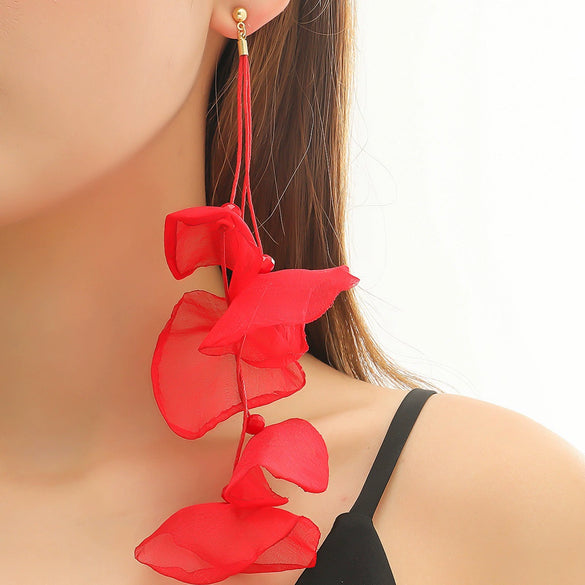 Exaggerated Flower Tassel Fabric Handmade Earrings Sweet Style