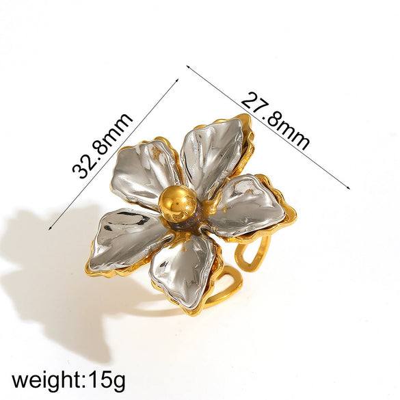 Exaggerated Flower Titanium Steel Ring For Women Inlaid With Pearls Electroplated Light Luxury Niche Adjustable High End