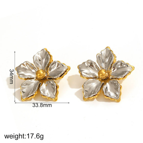 Exaggerated Flower Titanium Steel Ring For Women Inlaid With Pearls Electroplated Light Luxury Niche Adjustable High End
