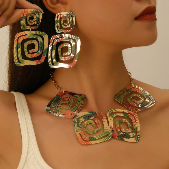 Exaggerated Geometric Alloy Earrings And Necklace For Women Electroplated With Square Spiral Vortex Pattern