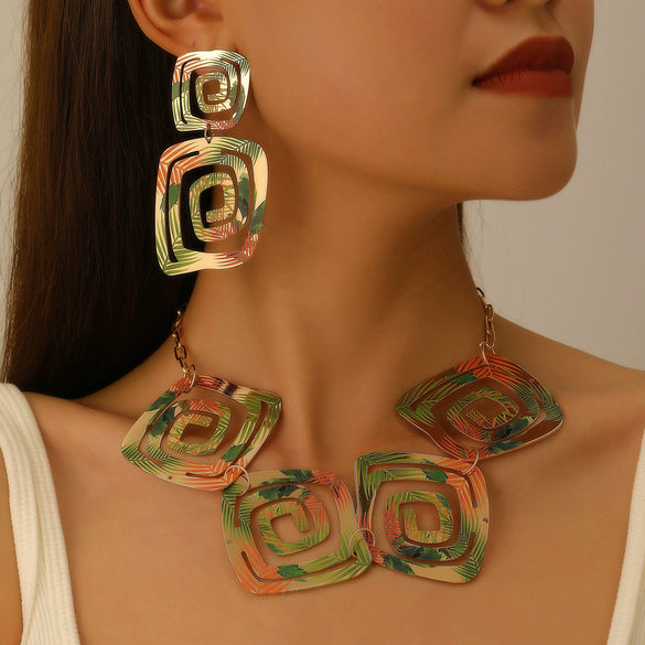Exaggerated Geometric Alloy Earrings And Necklace For Women Electroplated With Square Spiral Vortex Pattern