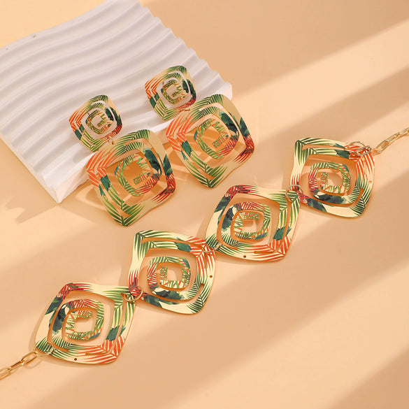 Exaggerated Geometric Alloy Earrings And Necklace For Women Electroplated With Square Spiral Vortex Pattern