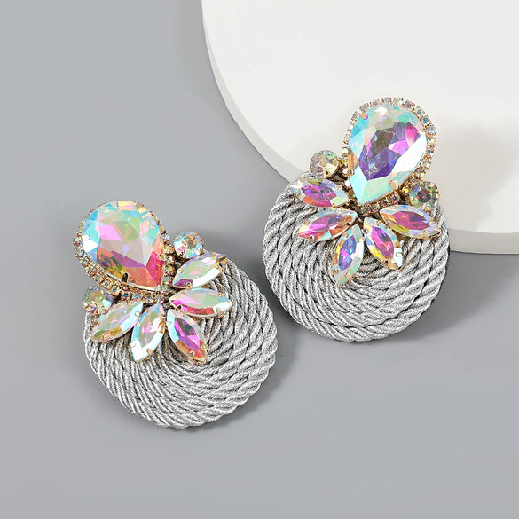 Exaggerated Geometric Alloy Glass Diamondencrusted Round Earrings For Women