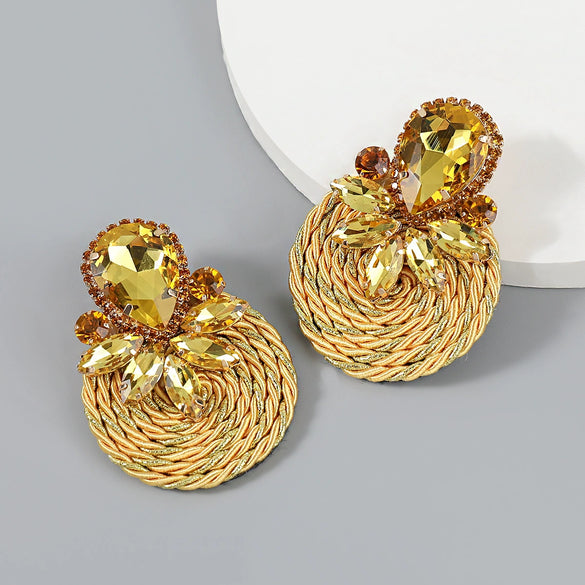 Exaggerated Geometric Alloy Glass Diamondencrusted Round Earrings For Women