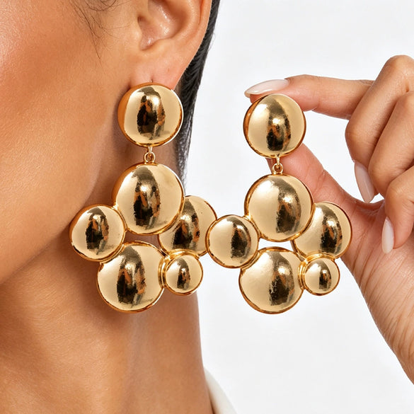 Exaggerated Geometric Hemispherical Tassel Earrings Smooth Round Alloy Design With Electroplated Finish And Steel Posts