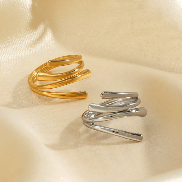 Exaggerated Geometric Irregular Open Stainless Steel Ring For Ladies With 18K Gold Plated Electroplating