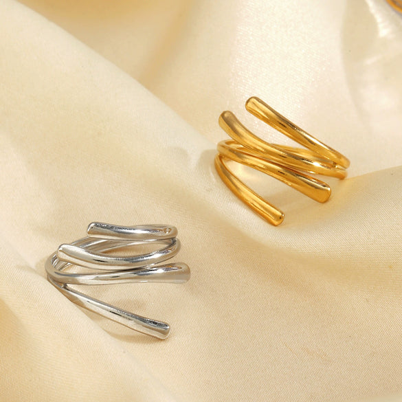 Exaggerated Geometric Irregular Open Stainless Steel Ring For Ladies With 18K Gold Plated Electroplating