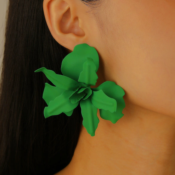 Exaggerated Geometric Pleated Baking Paint Flower Alloy Earrings For Women