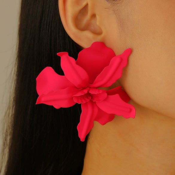 Exaggerated Geometric Pleated Baking Paint Flower Alloy Earrings For Women