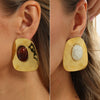 Exaggerated Geometric Stainless Steel Stud Earrings With Polished Finish Retro Ombre Resin Gemstones And Gold Electroplated Detail