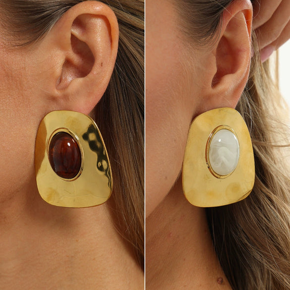 Exaggerated Geometric Stainless Steel Stud Earrings With Polished Finish Retro Ombre Resin Gemstones And Gold Electroplated Detail