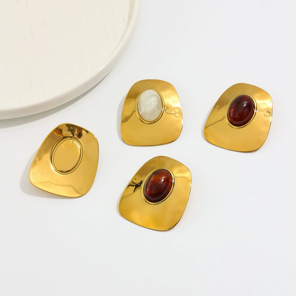 Exaggerated Geometric Stainless Steel Stud Earrings With Polished Finish Retro Ombre Resin Gemstones And Gold Electroplated Detail
