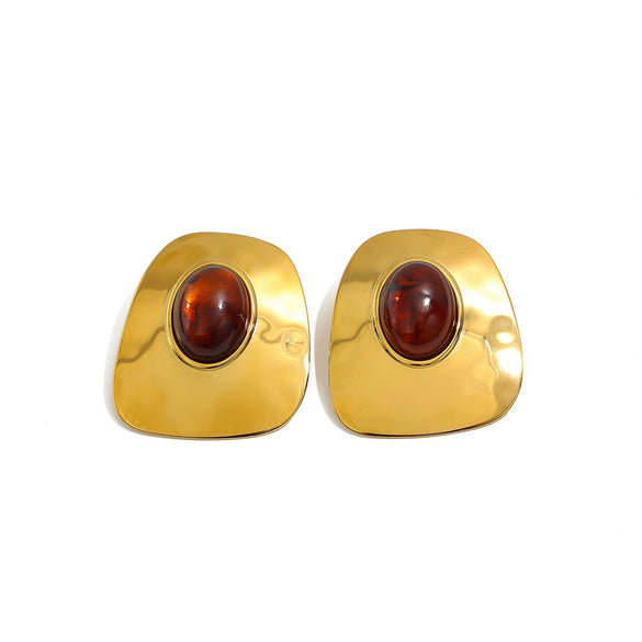Exaggerated Geometric Stainless Steel Stud Earrings With Polished Finish Retro Ombre Resin Gemstones And Gold Electroplated Detail