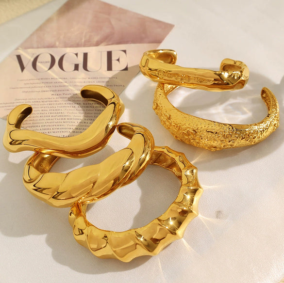 Exaggerated Heavy Industry Irregular Lava Texture Open 316L Stainless Steel Bracelet For Women With Electroplating Treatment And Geometric Style