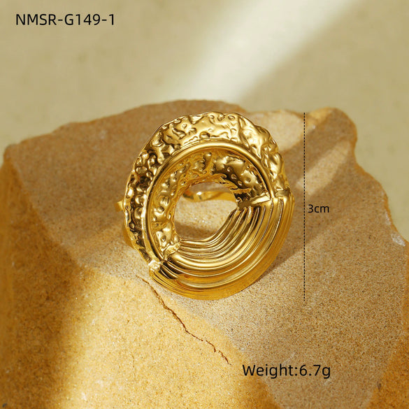 Exaggerated Highend Titanium Steel And Stainless Steel Ring And Bracelet With Concave And Convex Hammer Pattern Geometric Style Electroplated For Women