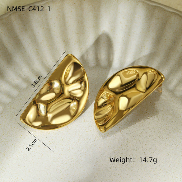 Exaggerated Highend Titanium Steel And Stainless Steel Women's Earrings And Ring Set With Geometric Hammer Pattern And Electroplating Treatment