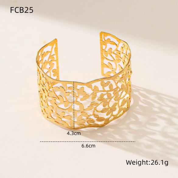 Exaggerated Hollow Leaves Open Stainless Steel 18K Electroplated Titanium Bracelet Fashion Geometric Style