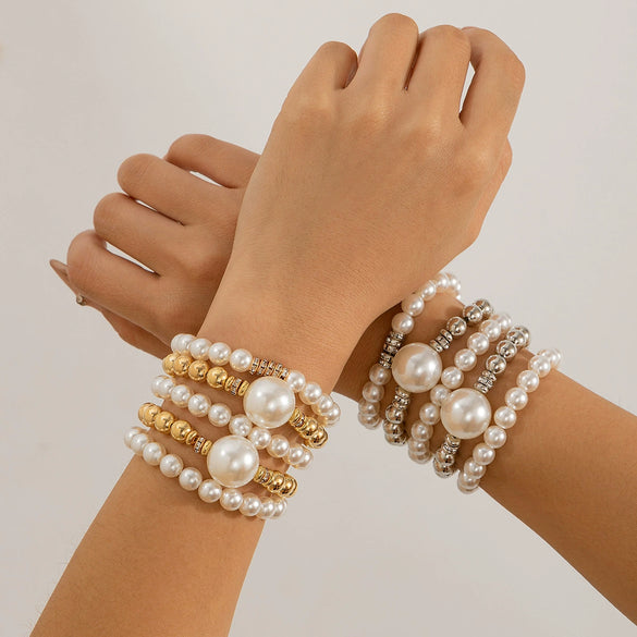 Exaggerated Imitation Pearl Stacked Bracelet Geometric Electroplated Women's